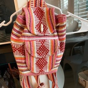 Mexican Blanket Woven Backpack, Drawstring, vintage small backpack purse.